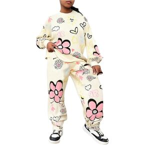 COZYEASE Girl's 2 Pieces Outfits Graphic Print Long Sleeve Sweatshirt and Sports Pants Set Streetwear