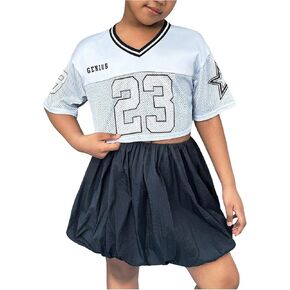 Girl's 2 Piece Summer Sets Clothing V Neck Crop Jersey Shirts and Mini Bubble Skirts Sports Set