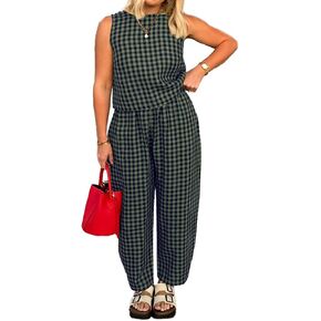 Women's Summer 2 Piece Outfits Plaid Crop Tank Top High Waisted Baggy Ankle Barrel Pants Gingham Lounge Set