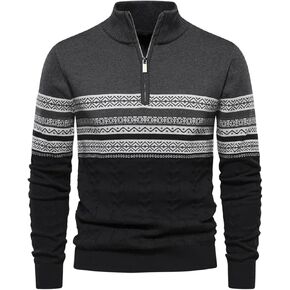 Men's Quarter-Zip Up Pullover Sweater Striped Slim Fit Sweater Casual Lightweight Warm Long Sleeve Mock Neck Sweater