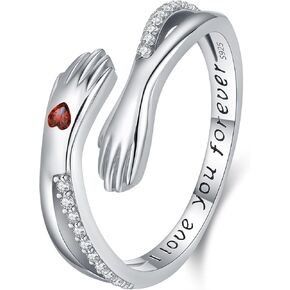 Hug Rings for Women Birthstone Hug Rings 925 Sterling Silver Adjustable Hand Ring Open Jewelry Daughter Gifts From Mom Mother Teens Mother's Day