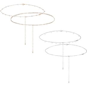 Plated Waist Chain Jewelry for Women, 4pcs Layered Belly Chain with Satellite Beads, Non Tarnish Body Chains, Adjustable Waterproof Sexy Bikini Beach Accessories Pearl Belts, 2 Silver & 2 Gold
