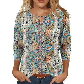 Romanstii Womens Elbow Length Sleeve Tops Basic Blouses Crew Neck T Shirts Dressy Casual Loose Fit 2025 Trendy Tee Colorful Plaid XL