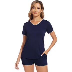 WiWi Women's Short Sleeve Pajama Sets Casual V Neck 2 Piece Sleepwear Soft Viscose from Bamboo Shorts Pj Set S-XXL
