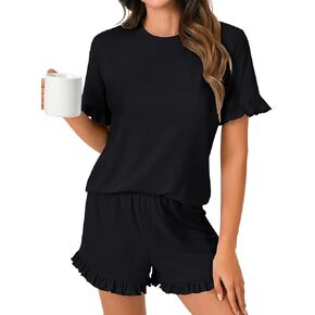 Rooscier Women's Cotton Pajama Set Frill Sleeve Round Neck Top and Ruffle Short Sleepwear