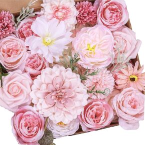 Artificial Rose Flowers Combo Box Dusty Blue Dahlia Peony Silk Flowers with Stems for DIY Bridal Wedding Baby Shower Decorations Fake Floral Arrangements Table Centerpieces Home Decor Indoor