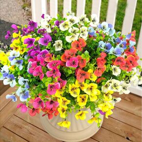 Pansies الزهور الاصطناعية للهواء الطلق 12 حزم مزيفة الحرير Pansy مصانع البلاستيك النباتات UV مقاومة للمنزل خارج حديقة الغراس الأمامي باب الشرفة الفناء الفناء (Blueyellowhite)