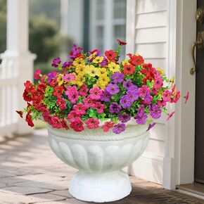 Artificial Flowers for Outdoors, Fake Faux Plants Outside Realistic Spring Summer Decor,Artificial Fake Silk Flowers UV Resistant for Home Porch Garden Patio Yard (8, Mix Red Purple Yellow Rose-red)