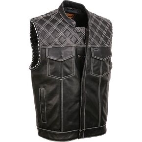 Milwaukee Leather MLM3525 Men's Black 'Paisley' Accented White Stitching Leather Vest – w/Armhole Trim Open Collar Design