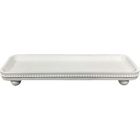 Oval Wooden Decorative Tray, Farmhouse Style, Beaded Serving Tray for Living Room, Coffee Table (White)