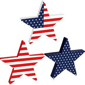 4th of July Patriotic Decorations 3Pcs Wooden Star Signs Red White and Blue Decorations Double Sided Freestanding Wood Star Blocks for Memorial Day Fourth of July Decorations