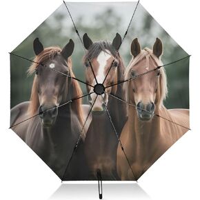 Large Windproof Umbrella Auto Open Folding Umbrella, 8 Ribs Rain Proof Reverse Umbrella for Travel Golf-(Thought Horse)