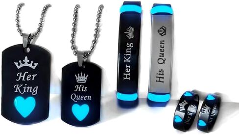 6-Piece Set Glowing Heart Crown His King Her Queen Stainless Steel Couple Necklace Ring Fashion Love Gift in Kuwait