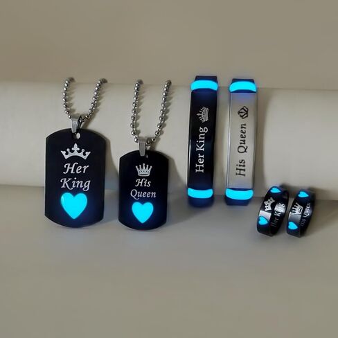 6-Piece Set Glowing Heart Crown His King Her Queen Stainless Steel Couple Necklace Ring Fashion Love Gift in Kuwait