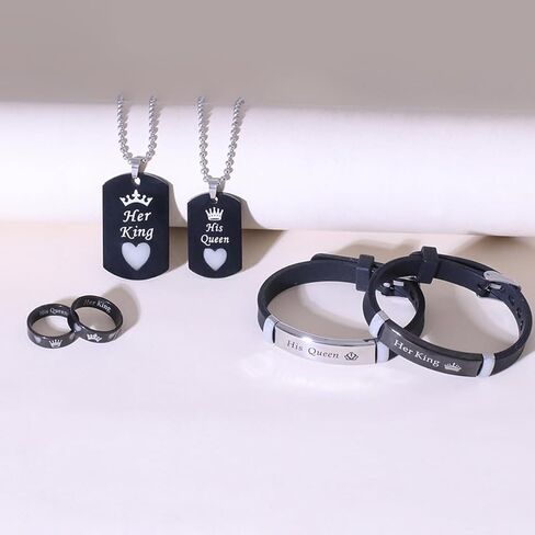 6-Piece Set Glowing Heart Crown His King Her Queen Stainless Steel Couple Necklace Ring Fashion Love Gift in Kuwait