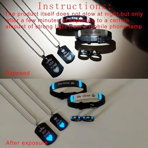 6-Piece Set Glowing Heart Crown His King Her Queen Stainless Steel Couple Necklace Ring Fashion Love Gift in Kuwait