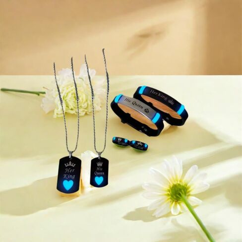6-Piece Set Glowing Heart Crown His King Her Queen Stainless Steel Couple Necklace Ring Fashion Love Gift in Kuwait