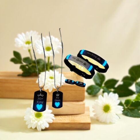 6-Piece Set Glowing Heart Crown His King Her Queen Stainless Steel Couple Necklace Ring Fashion Love Gift in Kuwait