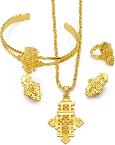 Ethiopian Jewelry for Women Set Ethiopian Eritrean Jewelry Set for Women Ethiopian Africa Traditional Cross Necklace Earrings Ring Bracelet Wedding Gift in Saudi Arabia