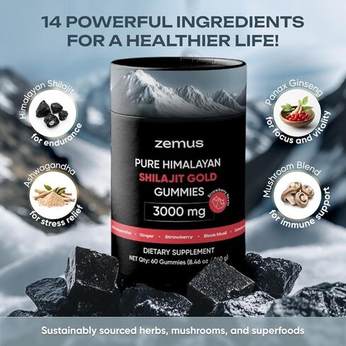 Himalayan Pure Shilajit Gummies I Lab Tested I Synergistic Blend of Ashwagandha & 5 Mushroom Complex | Fulvic Acid & 85+, Trace Minerals | for Men & Women (90 Count / 9.52 oz, Gold) in Saudi Arabia