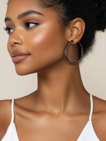 Stainless Steel Chunky Hoop Earrings For Women, Minimalist and Chic, Black/Gold Plated, Round Hoops Earrings Hypoallergenic, Size: 30mm/40mm/60mm/80mm, Come with Box in Saudi Arabia