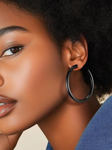 Stainless Steel Chunky Hoop Earrings For Women, Minimalist and Chic, Black/Gold Plated, Round Hoops Earrings Hypoallergenic, Size: 30mm/40mm/60mm/80mm, Come with Box in Saudi Arabia
