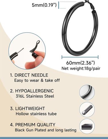 Stainless Steel Chunky Hoop Earrings For Women, Minimalist and Chic, Black/Gold Plated, Round Hoops Earrings Hypoallergenic, Size: 30mm/40mm/60mm/80mm, Come with Box in Saudi Arabia
