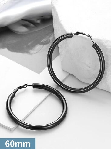 Stainless Steel Chunky Hoop Earrings For Women, Minimalist and Chic, Black/Gold Plated, Round Hoops Earrings Hypoallergenic, Size: 30mm/40mm/60mm/80mm, Come with Box in Saudi Arabia