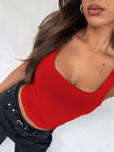 Women's Sleeveless Square Neck Strappy Tank Cute Double Layer Workout Summer Casual Basic Crop Tops in Saudi Arabia