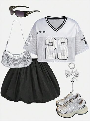 Girl's 2 Piece Summer Sets Clothing V Neck Crop Jersey Shirts and Mini Bubble Skirts Sports Set in Saudi Arabia