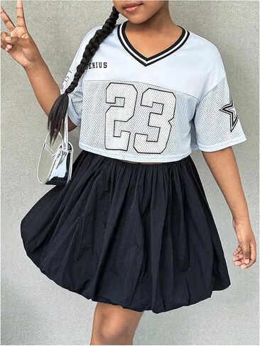 Girl's 2 Piece Summer Sets Clothing V Neck Crop Jersey Shirts and Mini Bubble Skirts Sports Set in Saudi Arabia