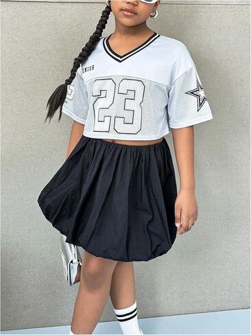 Girl's 2 Piece Summer Sets Clothing V Neck Crop Jersey Shirts and Mini Bubble Skirts Sports Set in Saudi Arabia