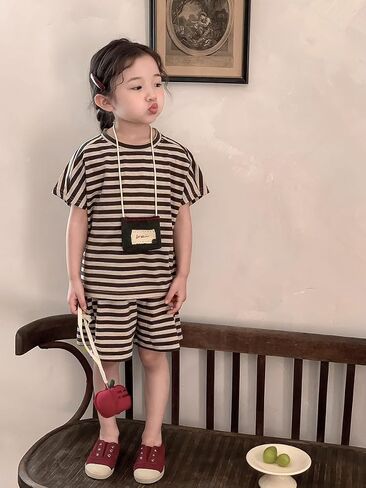 Girls 2 Piece Outfits Summer Girls Striped Batwing Sleeve Top and Short Sets 2-10Y in Saudi Arabia
