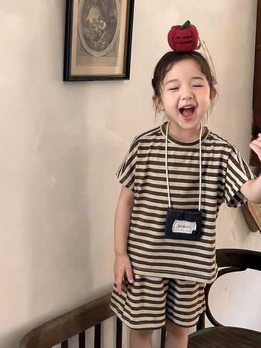 Girls 2 Piece Outfits Summer Girls Striped Batwing Sleeve Top and Short Sets 2-10Y in Saudi Arabia