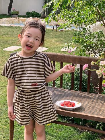 Girls 2 Piece Outfits Summer Girls Striped Batwing Sleeve Top and Short Sets 2-10Y in Saudi Arabia