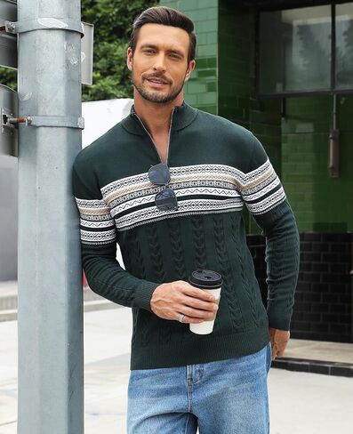 Men's Quarter-Zip Up Pullover Sweater Striped Slim Fit Sweater Casual Lightweight Warm Long Sleeve Mock Neck Sweater in Saudi Arabia