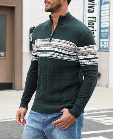 Men's Quarter-Zip Up Pullover Sweater Striped Slim Fit Sweater Casual Lightweight Warm Long Sleeve Mock Neck Sweater in Saudi Arabia