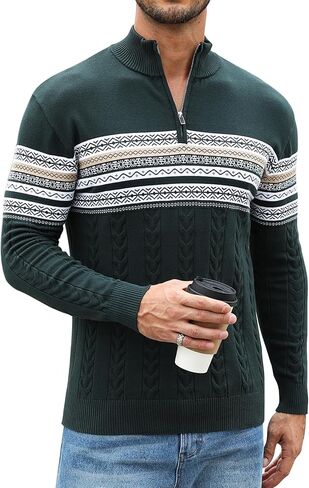 Men's Quarter-Zip Up Pullover Sweater Striped Slim Fit Sweater Casual Lightweight Warm Long Sleeve Mock Neck Sweater in Saudi Arabia