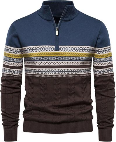 Men's Quarter-Zip Up Pullover Sweater Striped Slim Fit Sweater Casual Lightweight Warm Long Sleeve Mock Neck Sweater in Saudi Arabia
