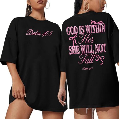 Oversized Christian Shirts for Women God is Within Her T Shirt Jesus Religious Gift Tee Bible Verse Inspirational Tops in Saudi Arabia