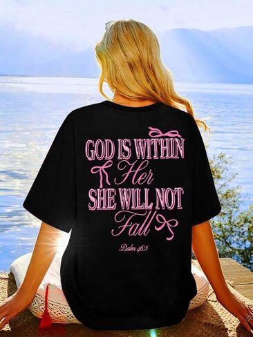Oversized Christian Shirts for Women God is Within Her T Shirt Jesus Religious Gift Tee Bible Verse Inspirational Tops in Saudi Arabia