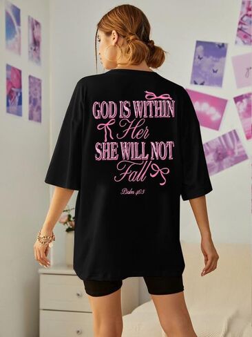 Oversized Christian Shirts for Women God is Within Her T Shirt Jesus Religious Gift Tee Bible Verse Inspirational Tops in Saudi Arabia