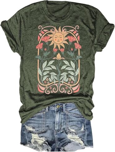 نساء بوهو الأزهار تي شيرت الصيف غير الرسمي الفن نوفيو الزهور البرية عتيقة الزهور الطبيعة Tees Tees Tops in Kuwait