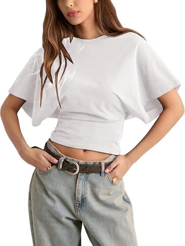 قمصان lumister للسيدات Crewneck تشديد تي شيرت قميص غير رسمي على الأكمام قصيرة الأكمام قمم الصلبة اللون المحملات الأساسية in Kuwait