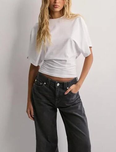 قمصان lumister للسيدات Crewneck تشديد تي شيرت قميص غير رسمي على الأكمام قصيرة الأكمام قمم الصلبة اللون المحملات الأساسية in Kuwait