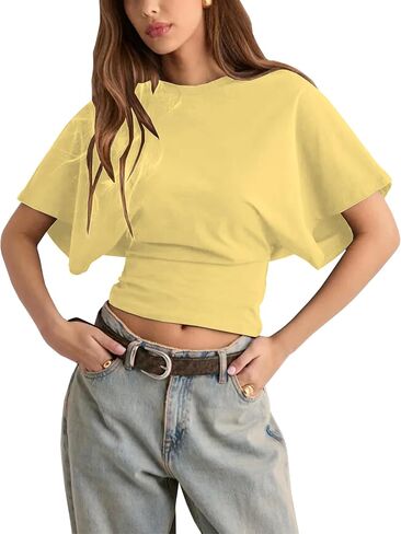 قمصان lumister للسيدات Crewneck تشديد تي شيرت قميص غير رسمي على الأكمام قصيرة الأكمام قمم الصلبة اللون المحملات الأساسية in Kuwait