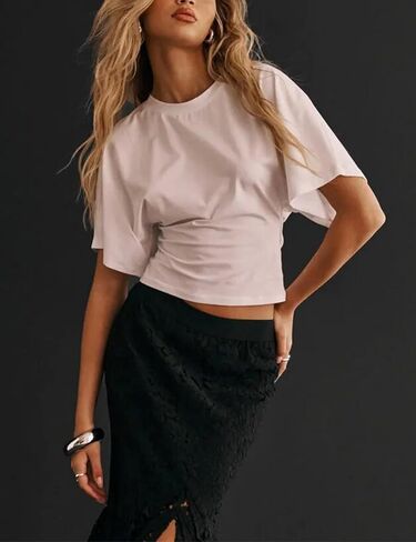 قمصان lumister للسيدات Crewneck تشديد تي شيرت قميص غير رسمي على الأكمام قصيرة الأكمام قمم الصلبة اللون المحملات الأساسية in Kuwait