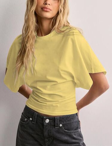 قمصان lumister للسيدات Crewneck تشديد تي شيرت قميص غير رسمي على الأكمام قصيرة الأكمام قمم الصلبة اللون المحملات الأساسية in Kuwait
