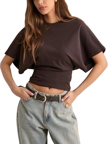 قمصان lumister للسيدات Crewneck تشديد تي شيرت قميص غير رسمي على الأكمام قصيرة الأكمام قمم الصلبة اللون المحملات الأساسية in Kuwait