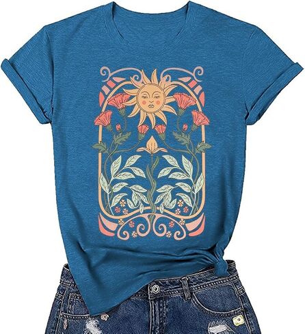 Women's Boho Floral T Shirt Summer Casual Art Nouveau Wildflowers Vintage Flowers Nature Graphic Tees Tops in Saudi Arabia